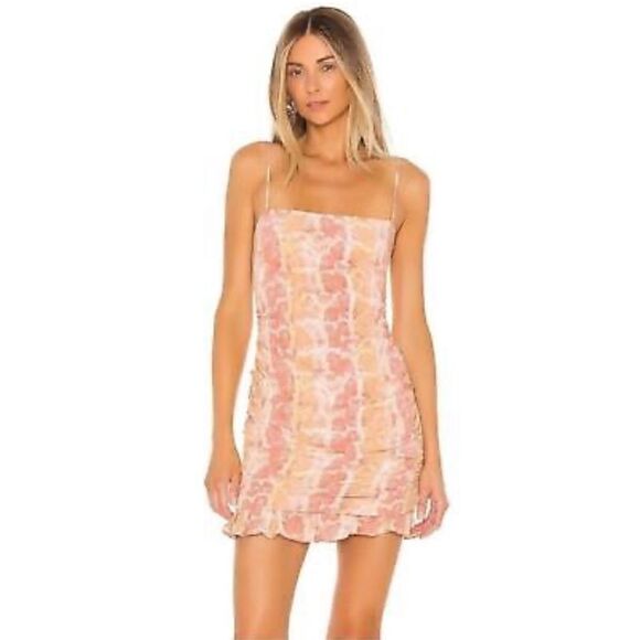 New Revolve LOVERS+FRIENDS Emmett Pink Snakeskin Ruched Ruffle Mini Dress Small - Picture 1 of 12